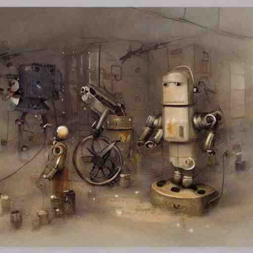 (((((((((((cluttered inventors shop full of robots))))))))))) . muted colors. by Jean-Baptiste Monge !!!!!!!!!!!!!!!!!!!!!!!!!!!!!!!!!!!!!!!!