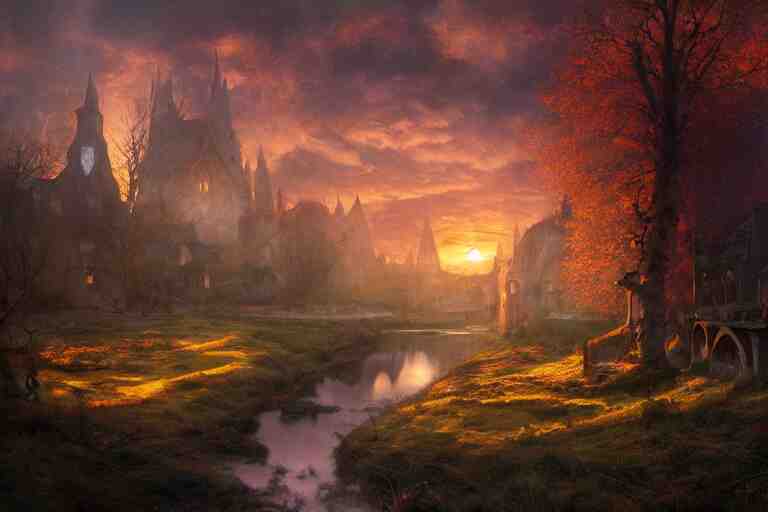 a medieval celtic village with a stream in a forested valley, sunset with ominous shadows by jessica rossier and brian froud cinematic painting 