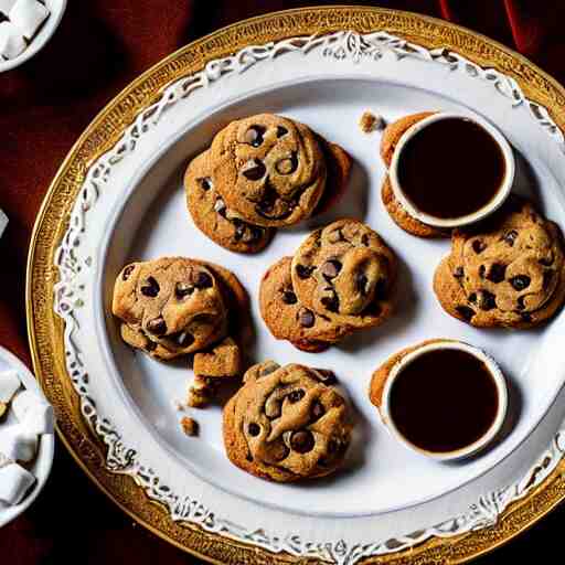opulent banquet of plates of freshly baked chocolate chip cookies, delicious, glistening, chocolate sauce, marshmallows, highly detailed, food photography, art by rembrandt 