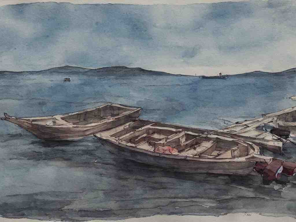 a boat is parked on the lake, there is only one person on the boat fishing, cinematic landscape ， natural light, ink painting 