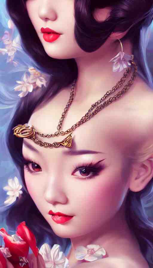 a pin up and beautiful fashion and charming and dreamlke asian girl with lv jewelry, medium shot, art by artgerm & ross tran & wlop, hyperdetailed, 8 k realistic, symmetrical, frostbite 3 engine, cryengine, dof, trending on artstation, digital art 