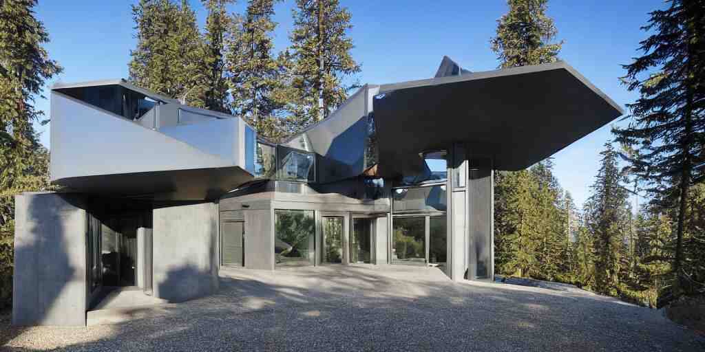 large futuristic residence, pacific northwest, gray concrete, large windows, angular features, incorporating metal