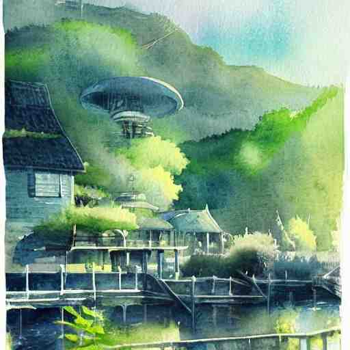 Beautiful happy picturesque charming sci-fi town in harmony with nature. Beautiful light. Water and plants. Nice colour scheme, soft warm colour. Beautiful detailed watercolor by Lurid. (2022)