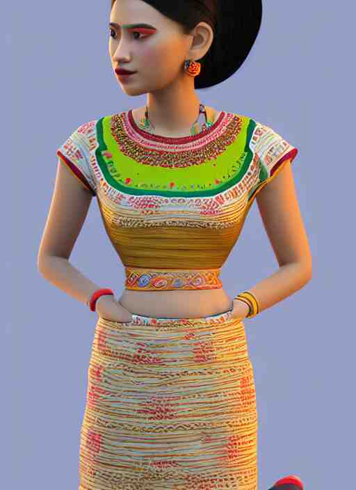 beautiful summer assamese mekehela bihu style floral dress, flirtatious, boho - chic, sleeveless, elegant, short skirt length, slimmer demeanor, plethora of colors ; mini dress ; highly detailed cute face by wlop ; 3 6 0 rotation reference ; octane render, unreal engine 5, trending on artstation, 8 k high resolution, global illumination ray tracing ; symmetrical, cinematic, high coherence, hdr fabric textures 