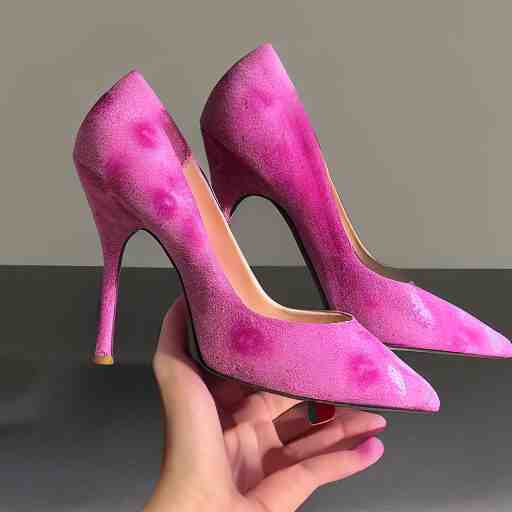 pink suede pumps shoes with slim heels and pointed toes with a happy mickey mouse printed on it, photorealistic, transluscent, glass, beautiful, architecture, product design, clean, highly detailed, 8 k, ornate detail 