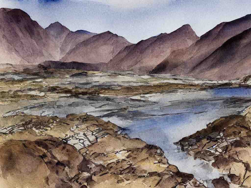 wastwater screes in early evening light painted in watercolours and pencil by william heaton cooper and rock textures by julian cooper 