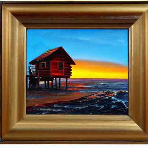 sunset over a wooden cabin on the coast in the distance, sea, oil painting, very detailed, colorful
