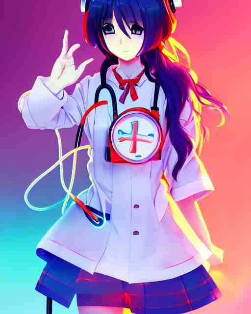 anime style, vivid, expressive, full body, 4 k, painting, a cute magical girl with a long wavy hair wearing a nurse outfit, correct proportions, realistic light and shadow effects, neon lights, centered, simple background, studio ghibly makoto shinkai yuji yamaguchi 