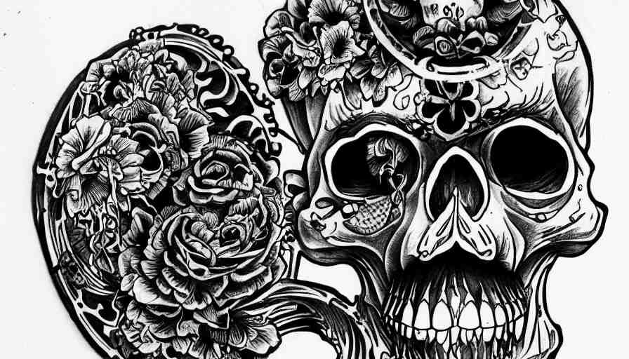 highly detailed skull, Japanese ornament, tattoo ink sketch, isolated on white background