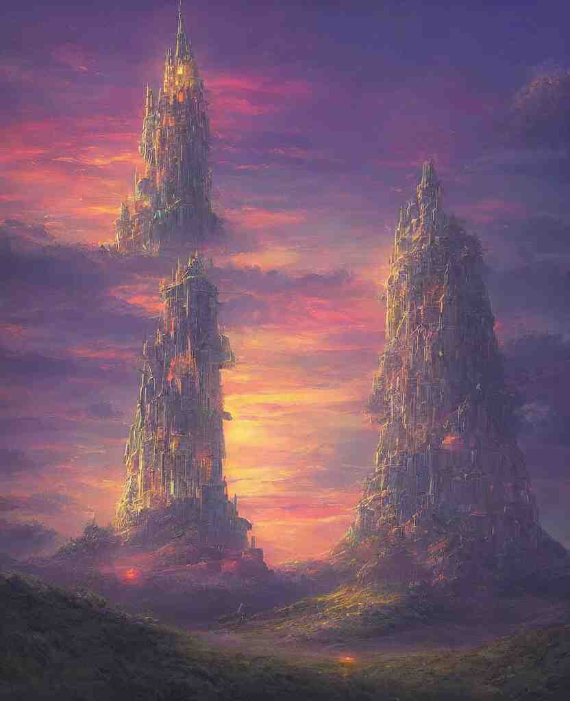 “ a landscape painting in the style of noriyoshi ohrai of a holy tower, it is a glowing fortress and has iridescent mana radiating from it into the aether. it is centered. the background is the sky at dawn. retrofuturistic fantasy ” 