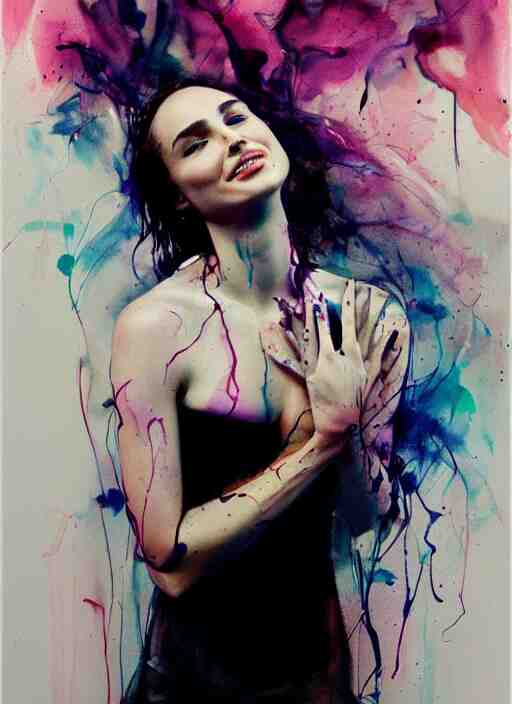 sexy seducing smile nathalie portman yoga pose by agnes cecile, half body portrait, extremely luminous bright design, pastel colours, ink drips, autumn lights 