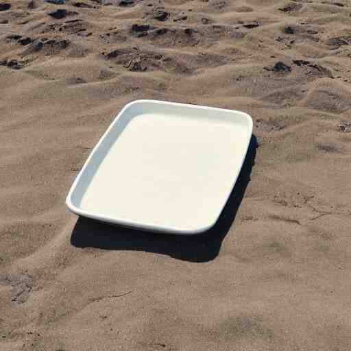 a rectangle-shaped wok with no food in it, on the beach