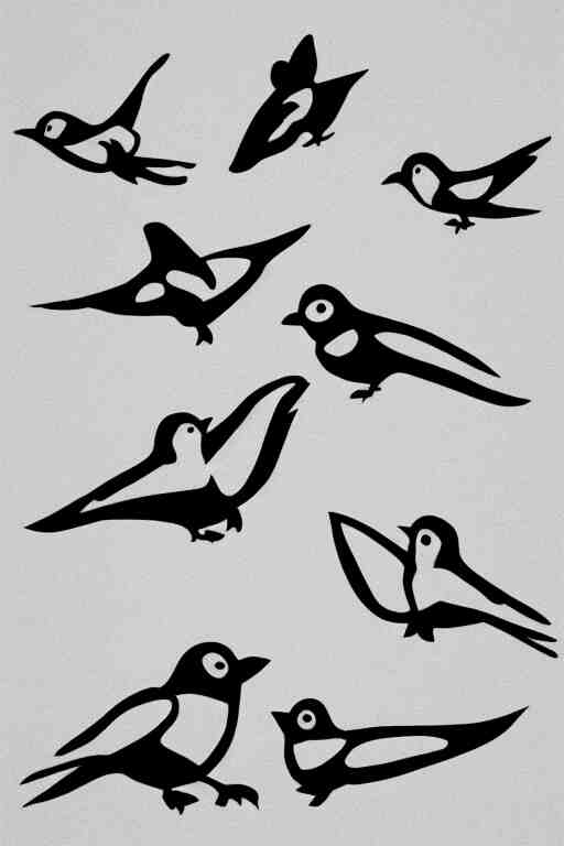 a simple tattoo design of minimalist flying birds, black ink, abstract logo, line art 