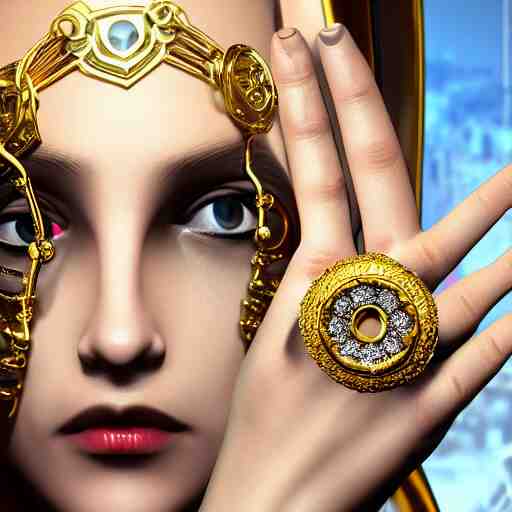 complex golden ring with cameo and gems on the female model hand with bust with a cyberpunk style, 8k, details