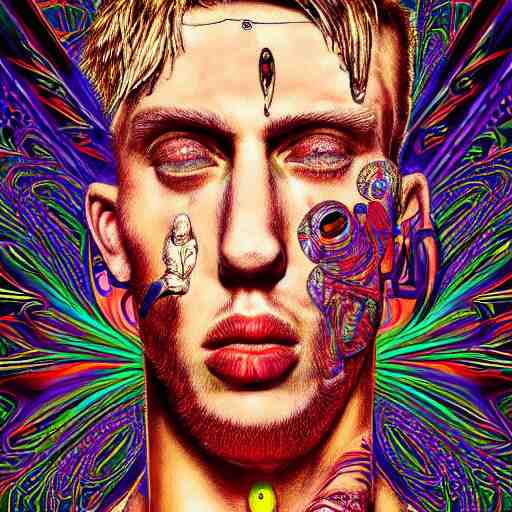 an extremely psychedelic portrait of mgk, surreal, lsd, face, detailed, intricate, elegant, lithe, highly detailed, digital oth, sharp focus, illustration, 