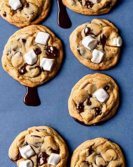 plate full of several freshly baked chocolate chip cookies, delicious, glistening, chocolate sauce, marshmallows, highly detailed, food photography, art by rembrandt 