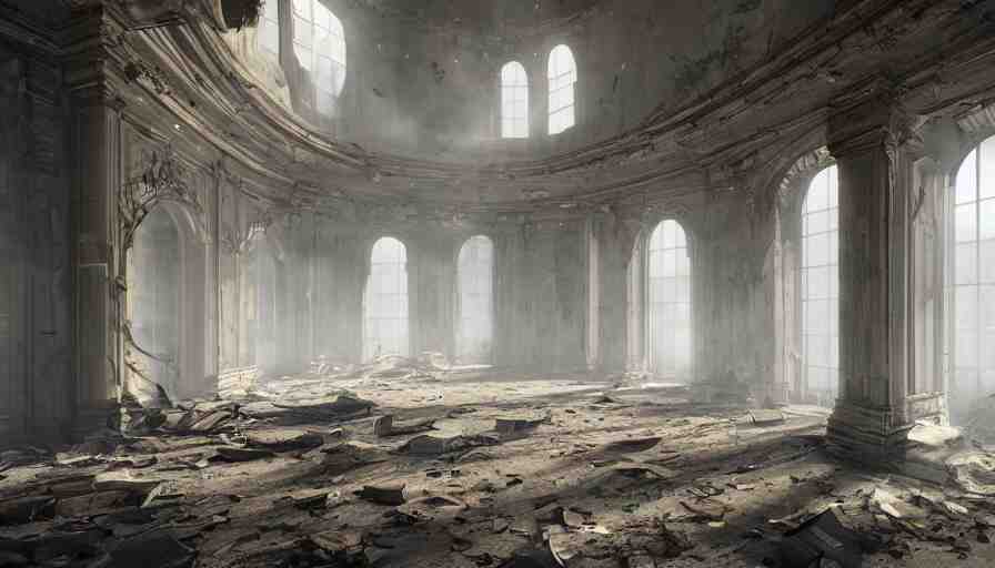 abandoned capitol with cobwebs, dusty dirty floor, collapsed ceiling, flying dust particles, light through, hyperdetailed, artstation, cgsociety, 8 k 