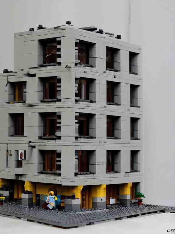 detailed lego!!!!!!!!!! miniature diorama!!!!!! a soviet residential building!!!!!!!!!, brutalism!!!!!! architecture, lights are on in the windows, car parking nearby, elderly man passing by, dark night, cozy and peaceful atmosphere, fog!!!!!!!, cold winter, snowing, streetlamps with orange light, several birches nearby 