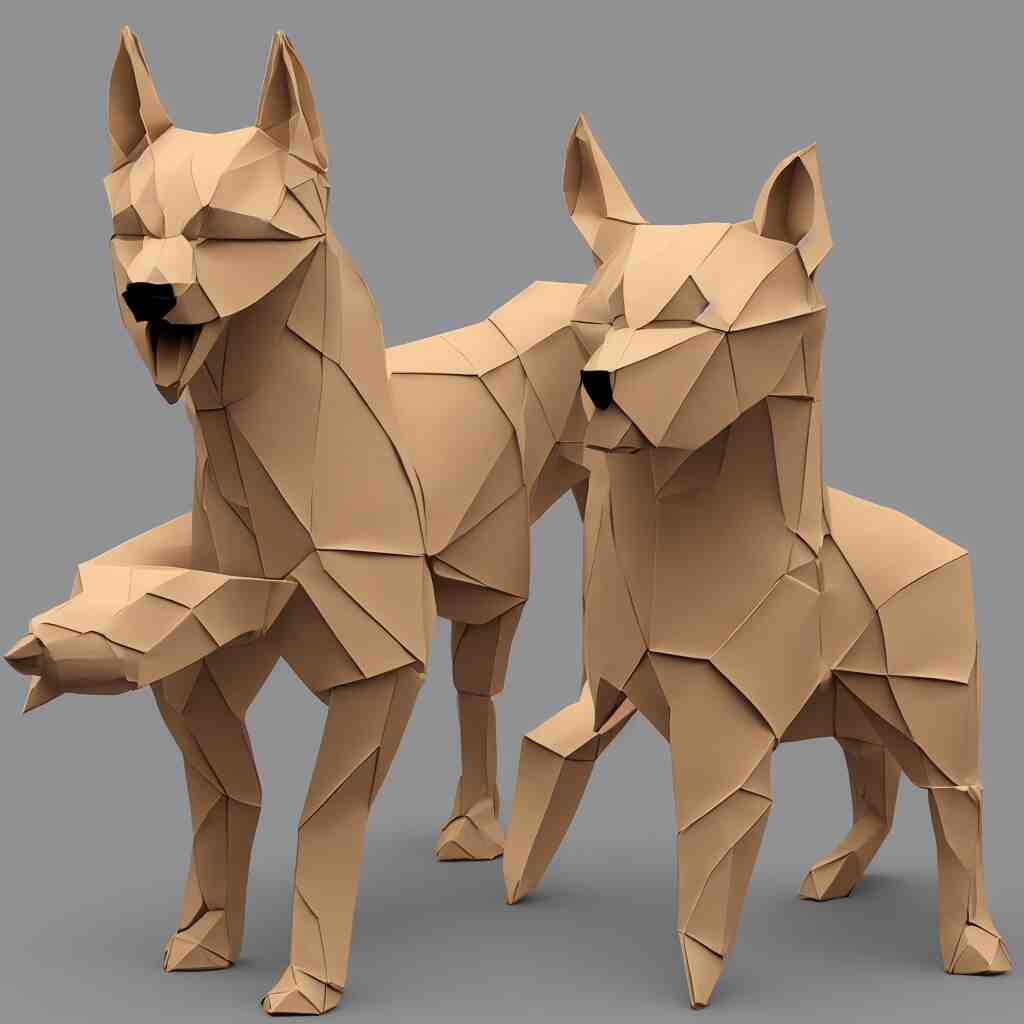 3 d rendering of japanese cardboard origami of simplified shape of german shepherd, 2 d image, trending on artstation 