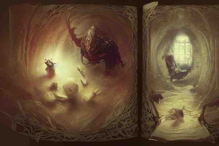 Pages of a book with strange and mystical creatures scary and dangerous, concept art, inspired by Reylia Slaby, Guillermo del Toro, trending on artstation, volumetric lighting, intricate, ornate, CGsociety