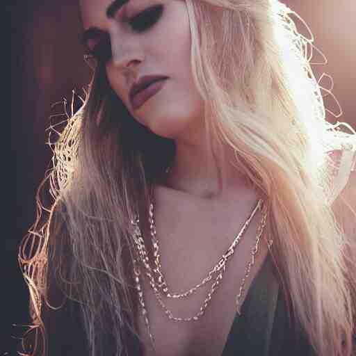 portrait of a woman, sliver chains, sliver hair, natural, light makeup, cinematic, cinematic, focus 