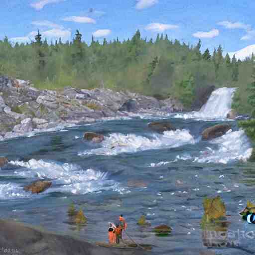 tardigrade fishing for salmon at Brooks Falls in Alaska, landscape painting by Moran and George Caitlin
