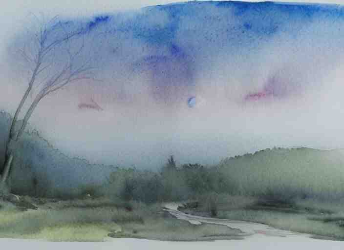 A detailed watercolor painting of misty morning landscape, detailed, ballpoint pen ink combined with watercolor