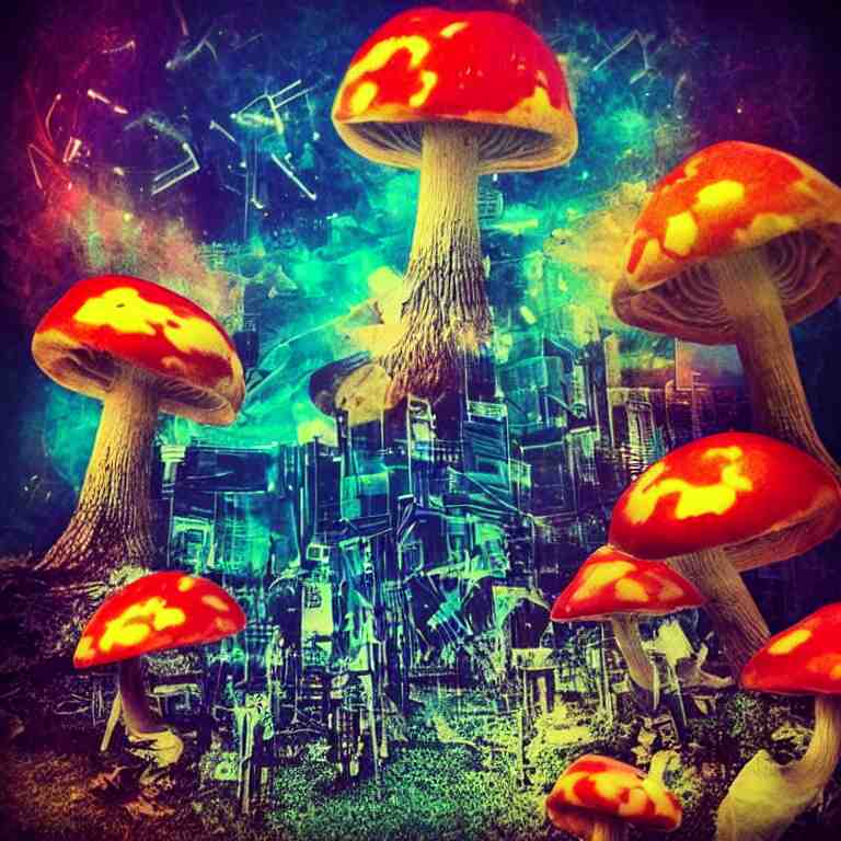 double exposure of dally life, symbols of live, explosion, cyber mushroom city, love is the most relevant theme, love is infinity, love is begin of all, 8 k resolution, artistic mode, artistic, trending on instagram, long exposure, love art, serious, fantasy and dreams vibes, mushrooms style and macro style, colorful picture 