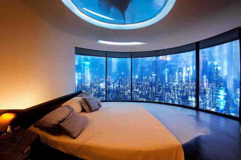 a futuristic bedroom with large curved ceiling high windows looking out to a far future cyberpunk cityscape, cyberpunk neon lights, raining, scifi