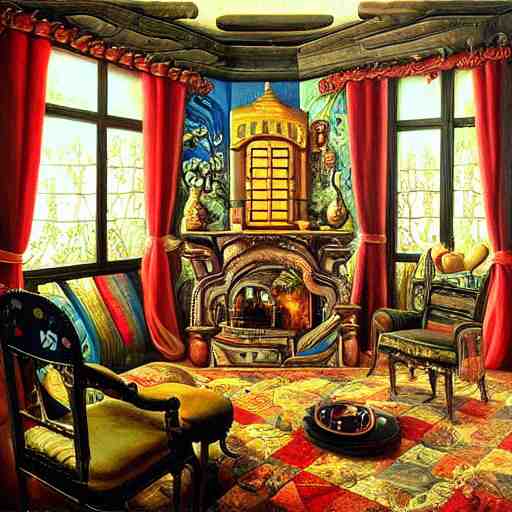 a painting of a living room filled with furniture, a surrealist painting by jacek yerka, cgsociety, fantastic realism, maximalist, surrealist, detailed painting 