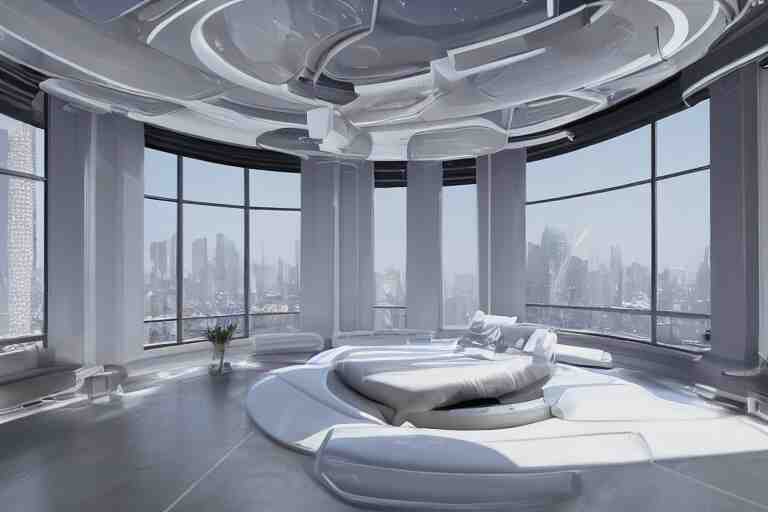 a futuristic luxury white bedroom with curved ceiling high windows looking out to a far future cyberpunk cityscape with many flying cars, night time, neon lights, cinematic 3d render, unreal engine 5, cgsociety