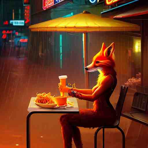 splash art of anthropomorphic female vulpes vulpes fulva woman sitting at a noodle stand eating noodles in the crowded street of a cyberpunk city, rain, harsh neon lighting, realistic, ultra detailed, by greg rutkowski, wlop, sakimichan, artgerm 