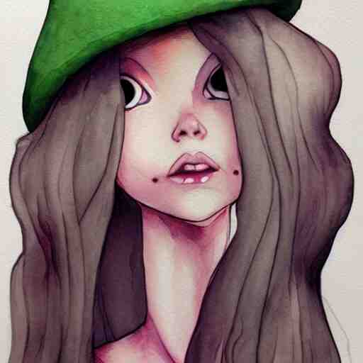 Portrait of a thin girl in full height, elegant pose, a huge toadstool hat on her head, large eyes without a pupil artstation, watercolor, highly detailed,