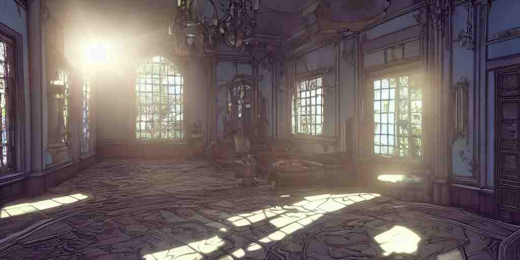 kingdom hearts twilight town mansion interior, nostalgic abandoned, sunlight streaming through the windows 