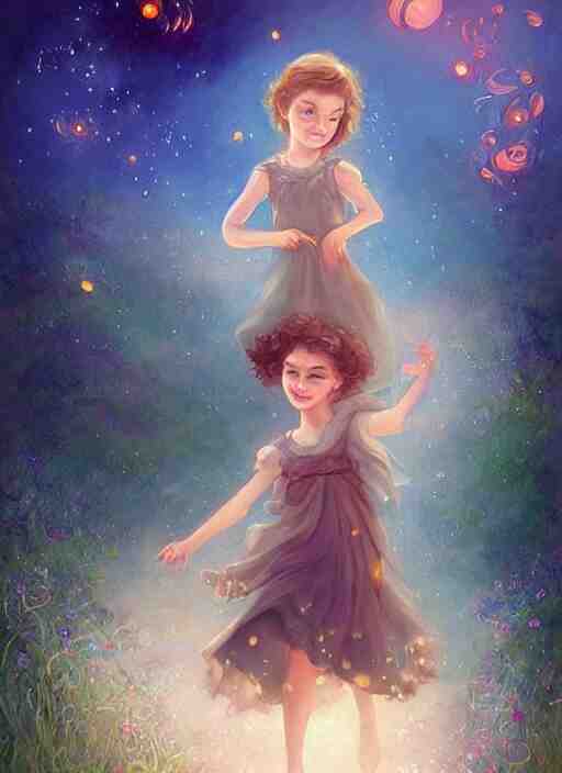 A cute little girl with short curly brown hair with a happy expression wearing a summer dress dancing with fireflies, she is in the distance. beautiful fantasy art by Charlie Bowater.