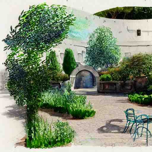 delicate starship, chairs, garden, paved, botanic watercolors, iridescent, 8 k, realistic shaded, fine details, artstation, italian, iron gate, tree, mediterranean, marvelous 