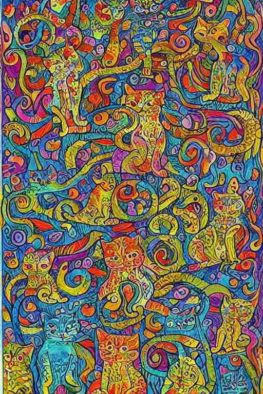 Psychedelic cats in the style of Louis Wain