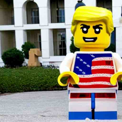 lego donald trump with cardboard box outside mar - a - lago, wide shot, lego, 