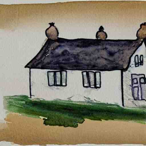 a watercolor and ink painting of a cottage, drawn on white parchment paper 