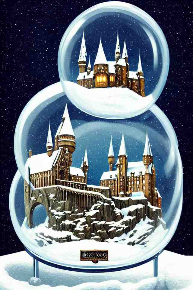 an achingly beautiful print of one snow globe with hogwarts inside by raphael, hopper, and rene magritte. detailed, proportional, romantic, vibrant, enchanting, trending on artstation 