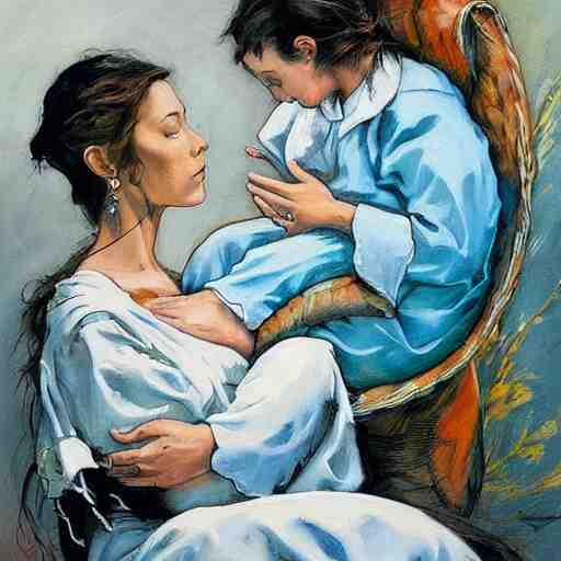 by john larriva, by aaron horkey emotive. a beautiful painting harmony of colors, simple but powerful composition. a scene of peaceful domesticity, with a mother & child in the center, surrounded by a few simple objects. colors are muted & calming, serenity & calm. 