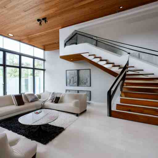 A modern style living room with floor to ceiling glass windows on the left and wooden stairs going upstairs on the right, two white sofas with a white marble table in the center, stairs to the second floor, 8k resolution, professional interior design photograph, wide angle photograph