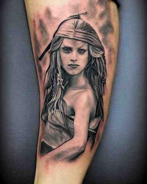 A beautiful woman warrior, faded background of a pirate ship at a deserted island, realism tattoo drawing, hyper realistic, shaded