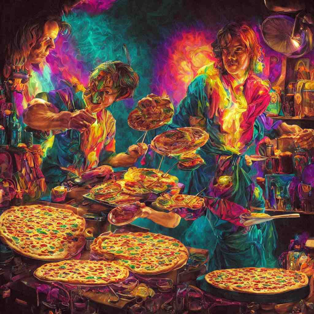 bright psychedelic portrait of_nick_cave_baking_a_pizza, diffuse lighting, fantasy, intricate, elegant, highly detailed, lifelike, photorealistic, digital painting, artstation, illustration, concept art, smooth, sharp focus, art by John Collier and Albert Aublet and Krenz Cushart and Artem Demura and Alphonse Mucha