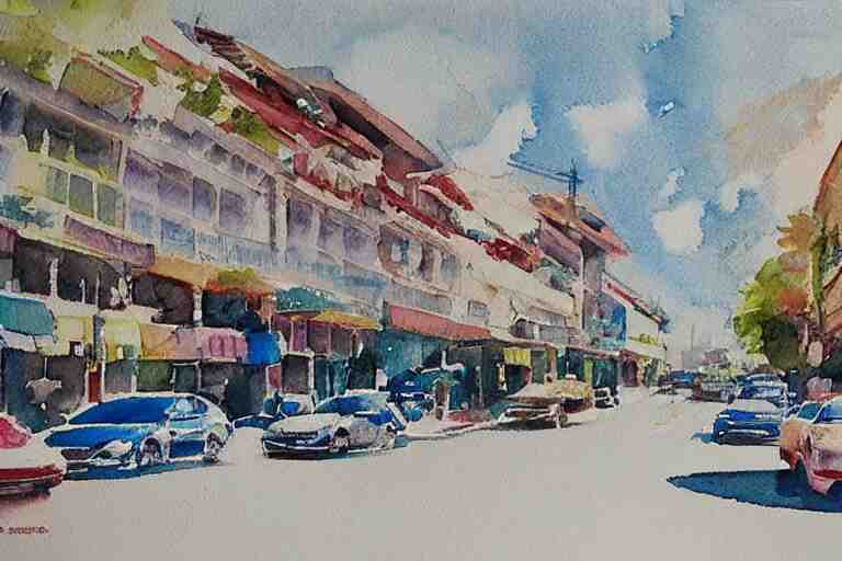 !! watercolor!! penang road in a sunny day, artwork by tooth wu, colorful contrast,!! very coherent!!, dark shadow, thick lineart 