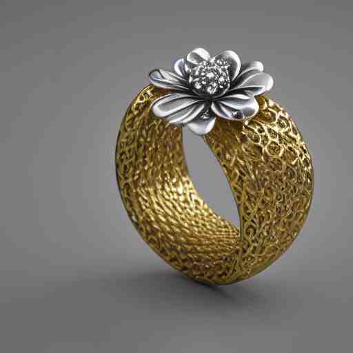 intricate!! nordic ring and necklace and ear, silver and gold and diamond, isolated on a white background and a flower in the background, refraction, occlusion, filigree, lower and upper levels, keyshot render, octane render, vray render 