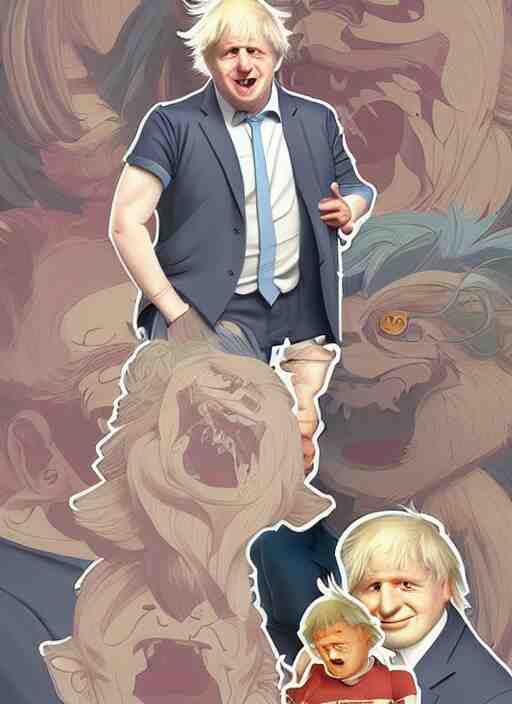 cute boris johnson sticker design, natural lighting, path traced, highly detailed, high quality, digital painting, by don bluth and ross tran and studio ghibli and alphonse mucha, artgerm 