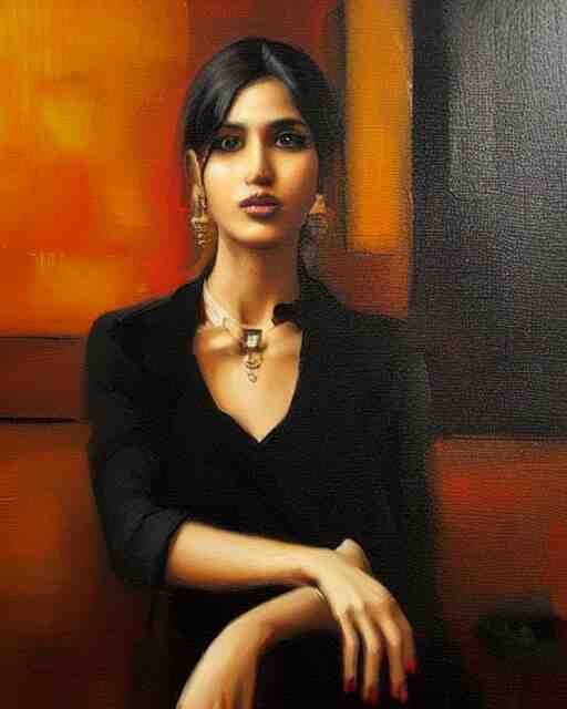 beautiful portrait painting an gorgeous delhi girl wearing a little black dress at a bar, oil painting, art by ruan jia 