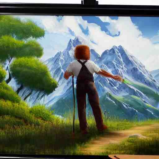 a closeup photorealistic photograph of bob ross working on a canvas painting of hulk. film still. brightly lit scene. mountains and trees. this 4 k hd image is trending on artstation, featured on behance, well - rendered, extra crisp, features intricate detail, epic composition and the style of unreal engine. 