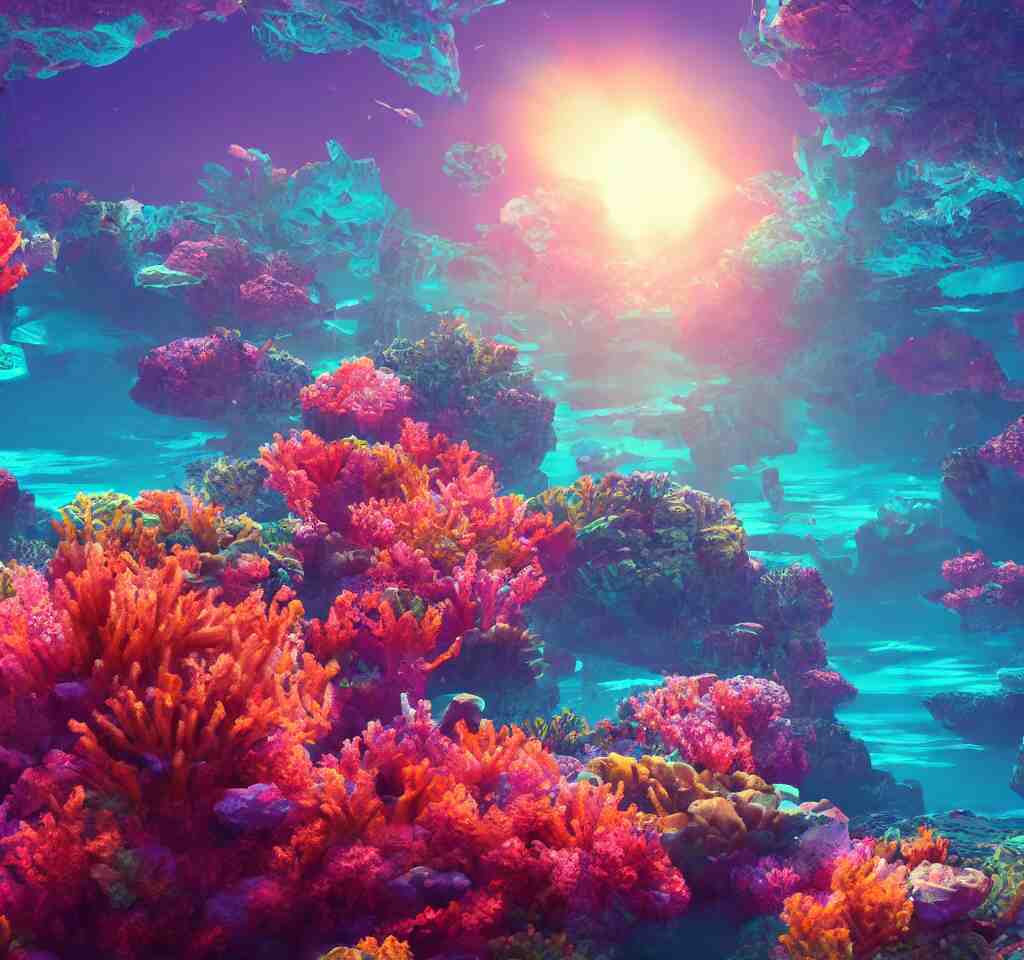 underwater neon coral reef landscape magical realism painting with sun rays coming from above, neon pastel colors, octane render, maya, cinema 4d